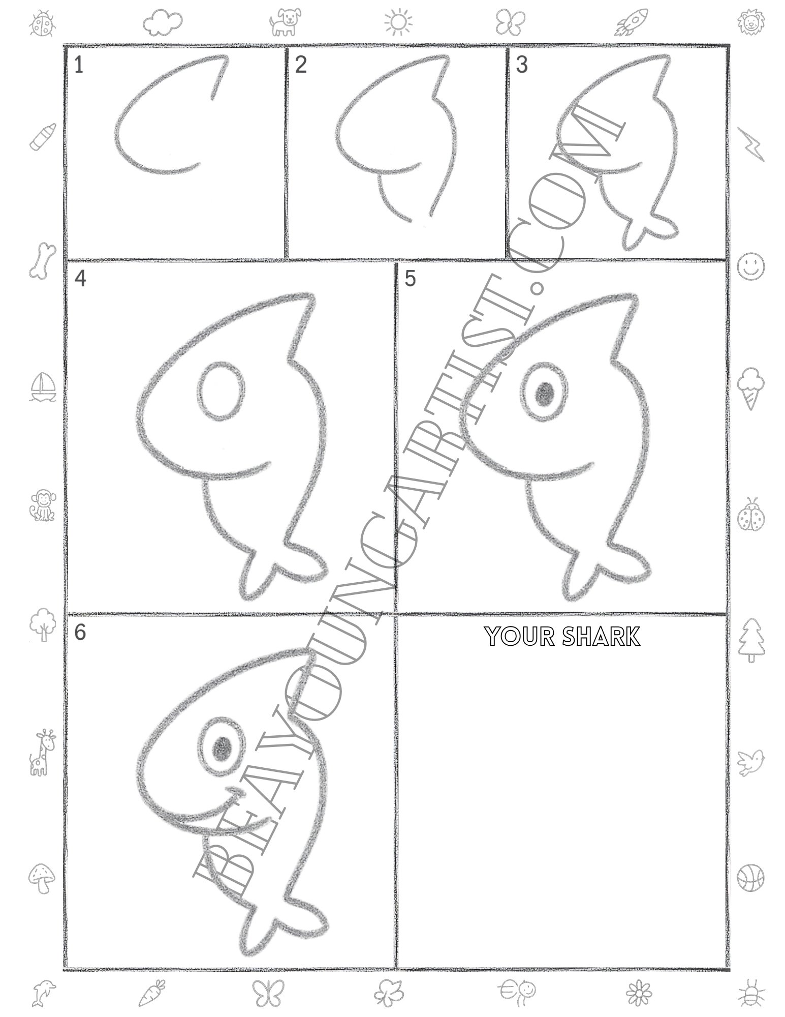 Kids Shark Printable Full Page for Download and Practice