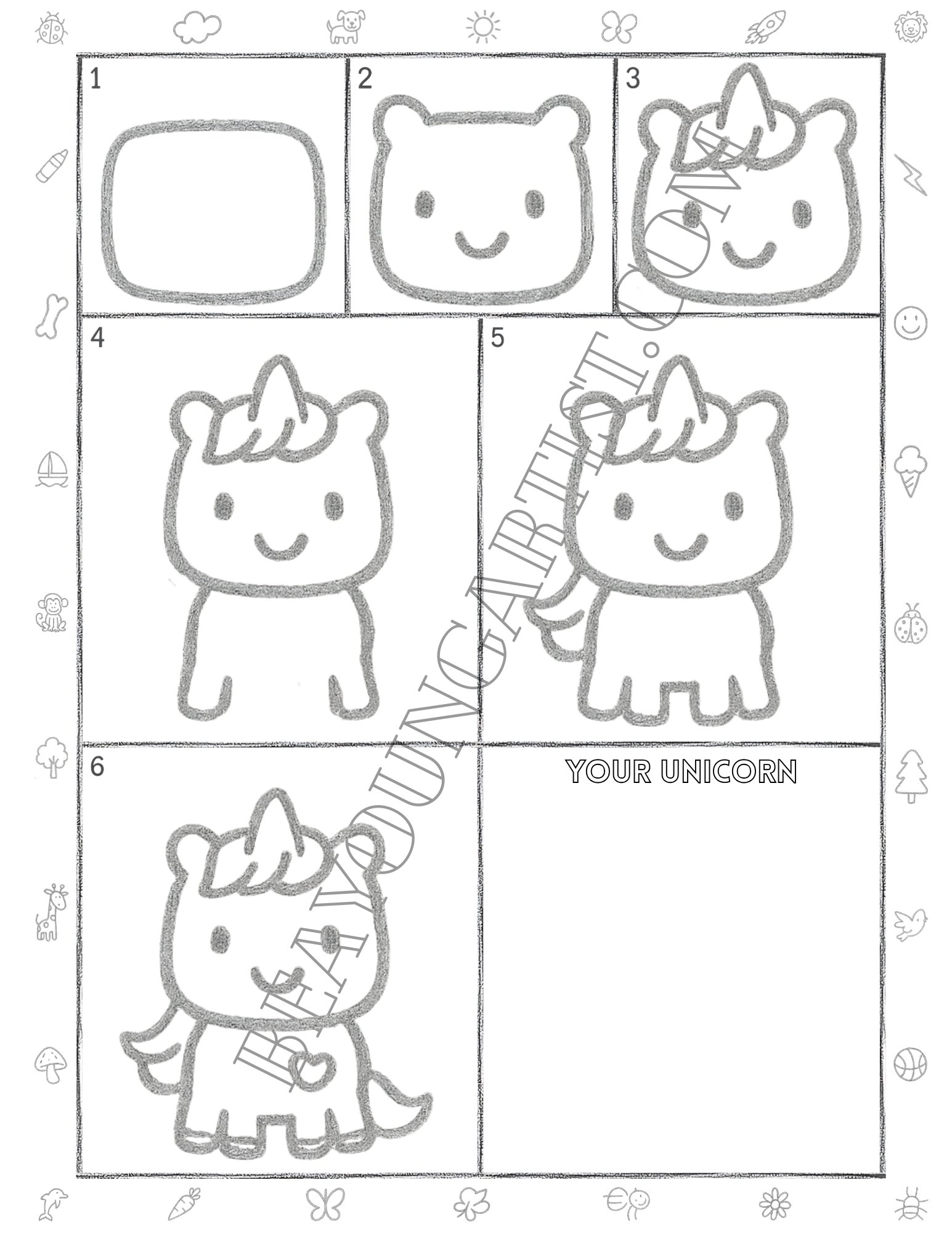 Kids Unicorn Printable Full Page for Download and Practice