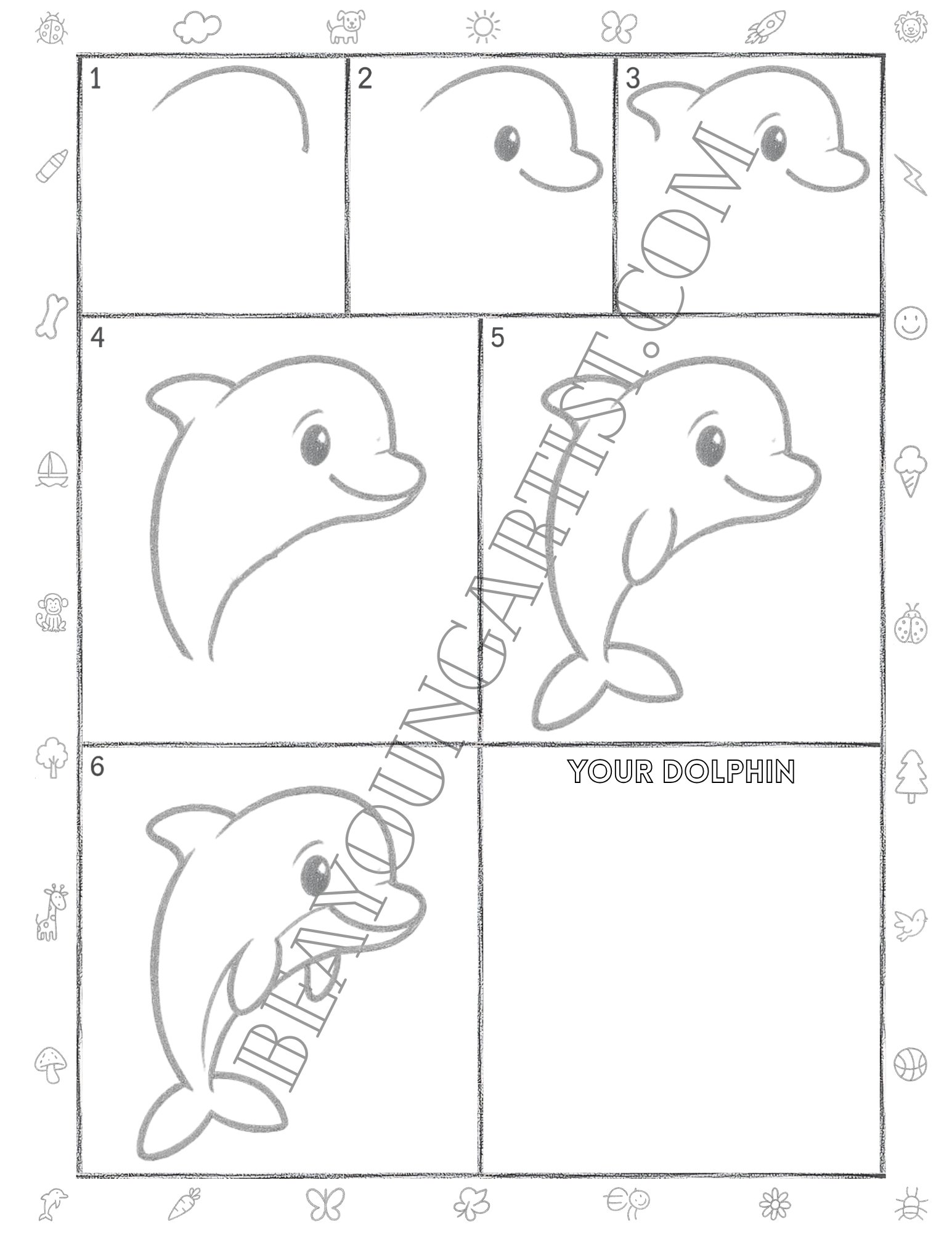 Tweens Dolphin Printable Full Page for Download and Practice